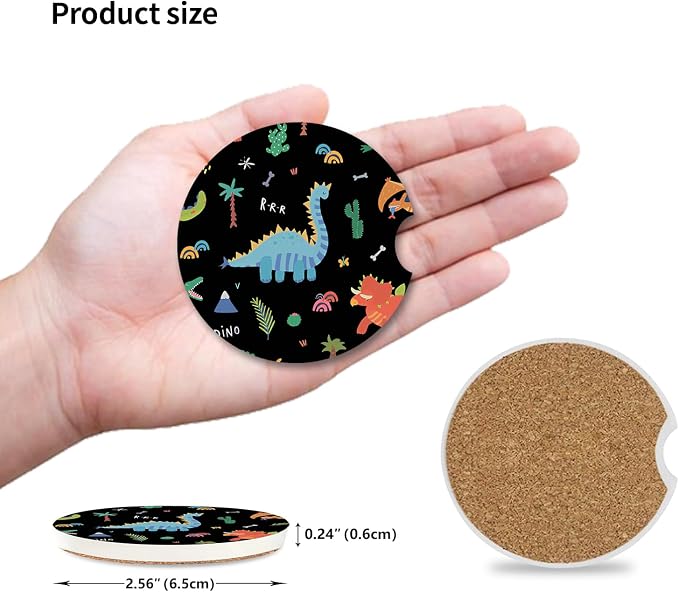 Cute Dinosaur Cup Holders Car Coasters Set for Women/Men,2.56" 2 Pack Universal Auto Anti Slip Coaster with A Finger Notch,Ceramic Stone with a Finger Notch for Easy Move.