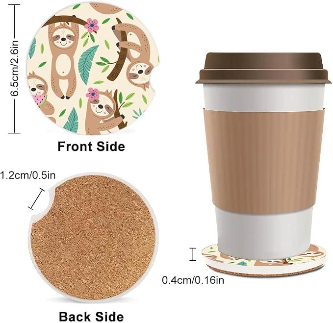 Absorbent Car Cupholder Coaster 2 Pack, Cute Car Coasters with a Finger Notch for Women & Men,2.56" Ceramic Stone & Non-Scratch Cork Base Drink Coasters, Cute Car Accessories Gifts (Cute Sloth)