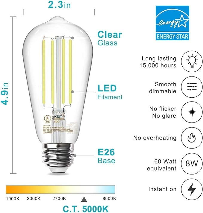 TJOY LED Edison Light Bulbs, E26 Dimmable Vintage Bulb, 8W = 60W Equivalent | Daylight White 5000K, 800LM, E26 Base, ST19/58, 80+CRI, Clear Glass, Antique Decorative Filament Bulb for Living Room, 20Pack