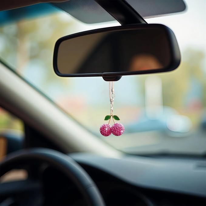 Bling Cherry Car Hanging Ornament, Cute Crystal Rear View Mirror Pendant, Sparkly Diamond Rearview Mirror Charms, Lucky Car Interior Decor Accessories (Purple)