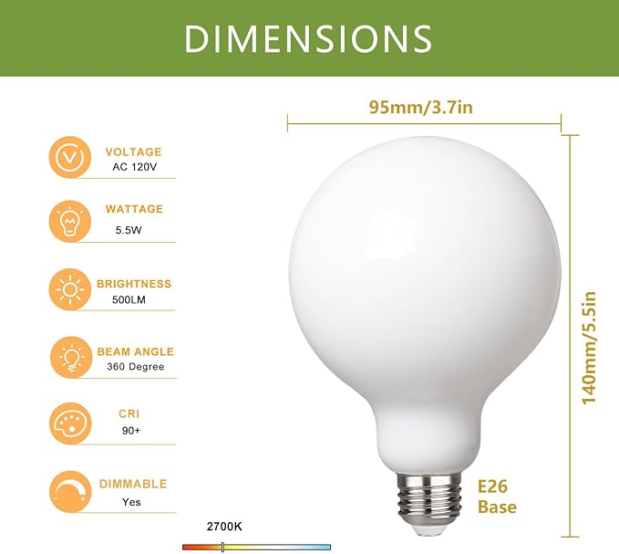 2 Pack G30(G95) Globe LED Light Bulbs, 5.5W Dimmable 50 Watt Equivalent LED Edison Bulbs, Warm White 2700K, 500LM, E26 Base, Milky LED Filament Bulbs for Vanity Bathroom Bedroom
