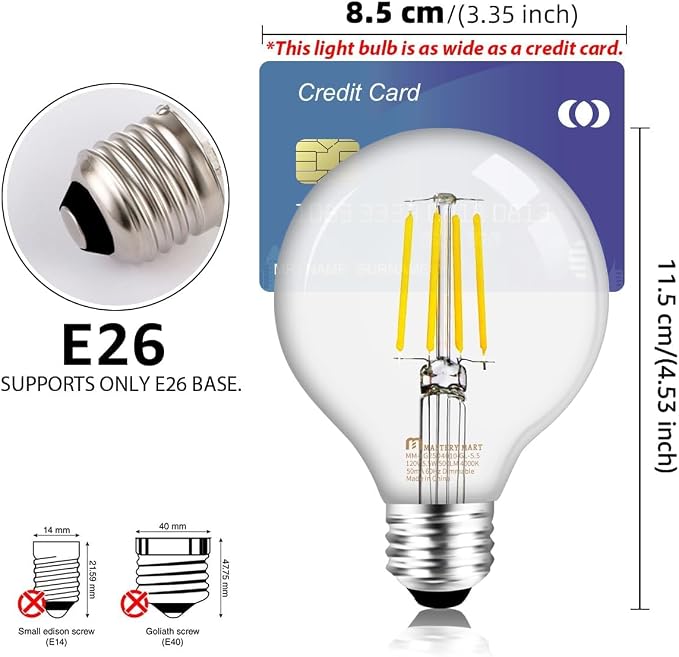Mastery MART G25 Globe Light Bulbs, Dimmable, E26 Base, 60W Equivalent, 5000K Daylight White, Vintage Filament for Bathroom Mirror, 5.5W LED, UL Listed, Energy Star, 6-Pack