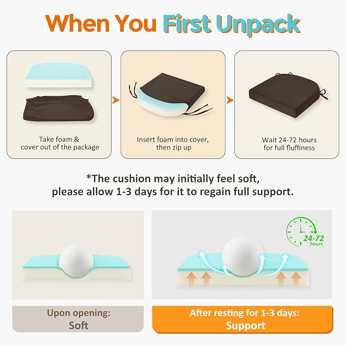 downluxe Chair Cushions for Dining Chairs, Memory Foam Linen Kitchen Chair Pads with Ties, Waterproof, Stain-Resistant and Washable Cover, 17" x 16" x 2.5", Brown, 4 Pack