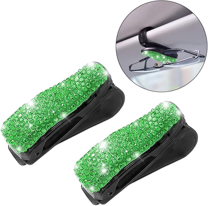 Moly Magnolia Bling Car Glasses Holder, 2PCS Handcrafted Crystal Rhinestones Fashion Car Sunglasses Mount with Card Clip for All Sun Visors, Auto Interior Accessories for Women Girl (Green)