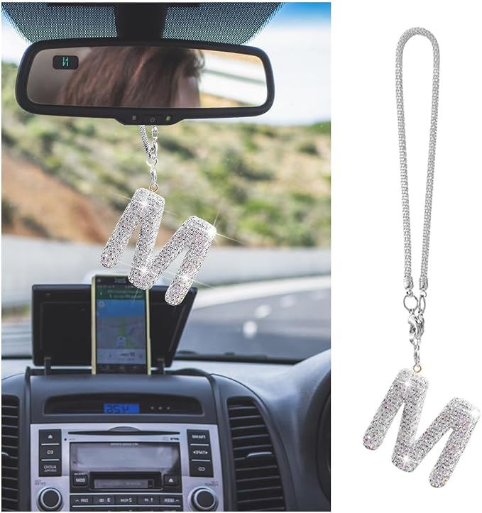 Bling Car Rear View Mirror Letter Charm, Crystal Rhinestone Rear View Mirror Hanging Ornament, Automotive Interior Rearview Mirrors Decoration Accessories, Universal for Vehicles(M)