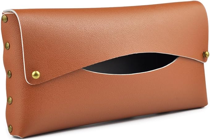 Car Tissue Holder, Tissue Case for Sun Visor, PU Leather Backseat Napkin Holder with Clips (Tan)
