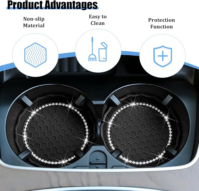 HZEL 4PCS Bling Car Cup Holder Coaster, Shiny Crystal Rhinestone Silicone Dustproof Drink Cup Insert Pad, Dazzling Automotive Interior Water Bottle Holder Embedded Mat, Universal Fit (Black)