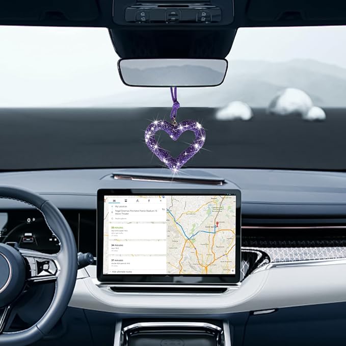 Mandark Bling Heart Car Hanging Accessories, Crystal Rhinestone Vehicle Rear View Mirror Charm Pendant Ornaments, Cute Diamond Auto Interior Hanger Decoration for Women Girls（Purple）