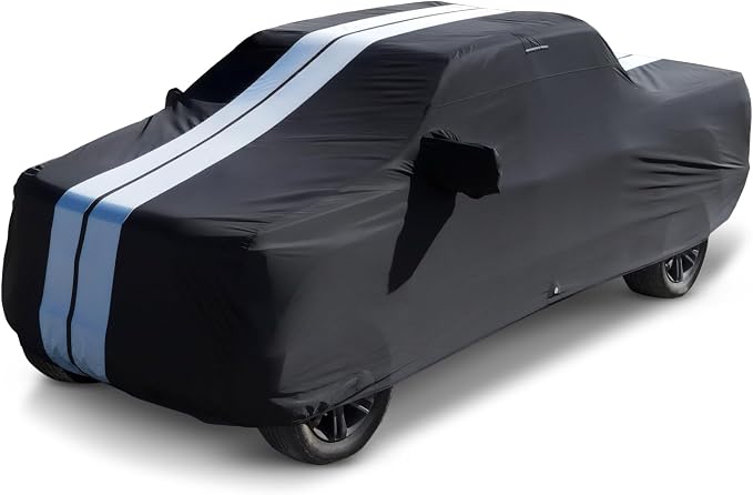 iCarCover Premium Heavy Duty Truck Car Cover - Waterproof All Weather Rain Snow UV Protection, F-150, Silverado 2500 3500, C/K 2500 3500, Sierra, Tundra, Size T73 (See Size Chart), Stripe - Black/Gray