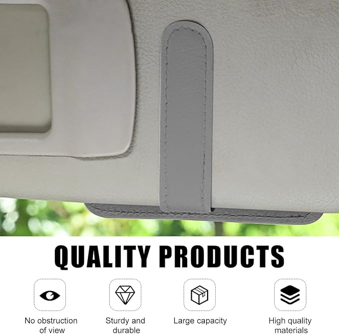 povtii Car Sun Visor Organizer, Waterproof Leather Car Sun Visor Storage Clip, Multifunctional Vehicle Sun Visor Folder with Sunglasses Clip, Universal Interior Car Accessories (Gray)