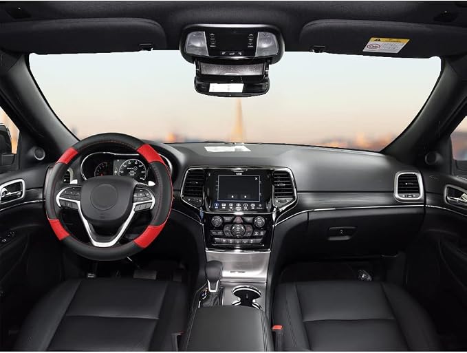 GIANT PANDA Steering Wheel Cover for Jeep Wrangler, Car Steering Wheel Cover for Jeep Grand Cherokee and Cherokee - Black+Red