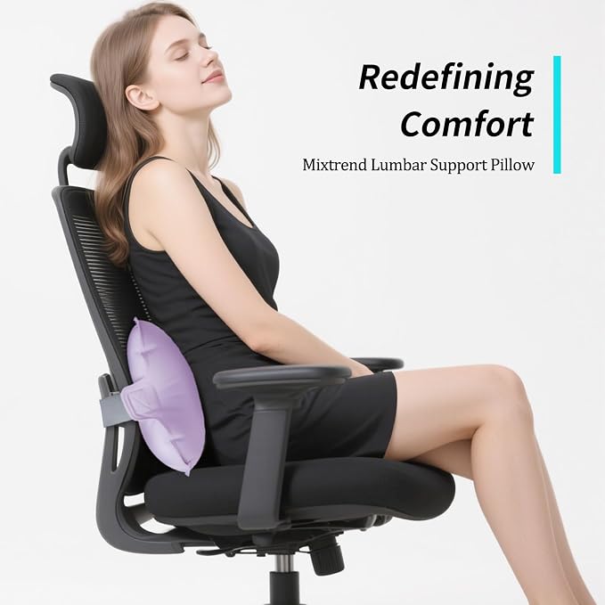 Mixtrend Travel Lumbar Pillow Inflatable Lumbar Support Pillow with Memory Foam, Back Support Pillow for Airplane Long Flight, Essential Travel Support Pillow for Women Men Kids（Lavender）