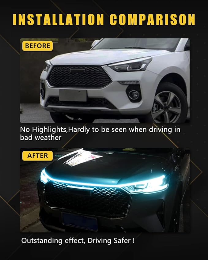 YM E-Bright Led Hood Light Strip Exterior Led Strip Lights for Cars Waterproof Flexible DRL Dynamic Scan Start Up Hoodbeam Kit Daytime Running Light for Truck, SUV, 12V 70inch, Ice Blue, 1 Set