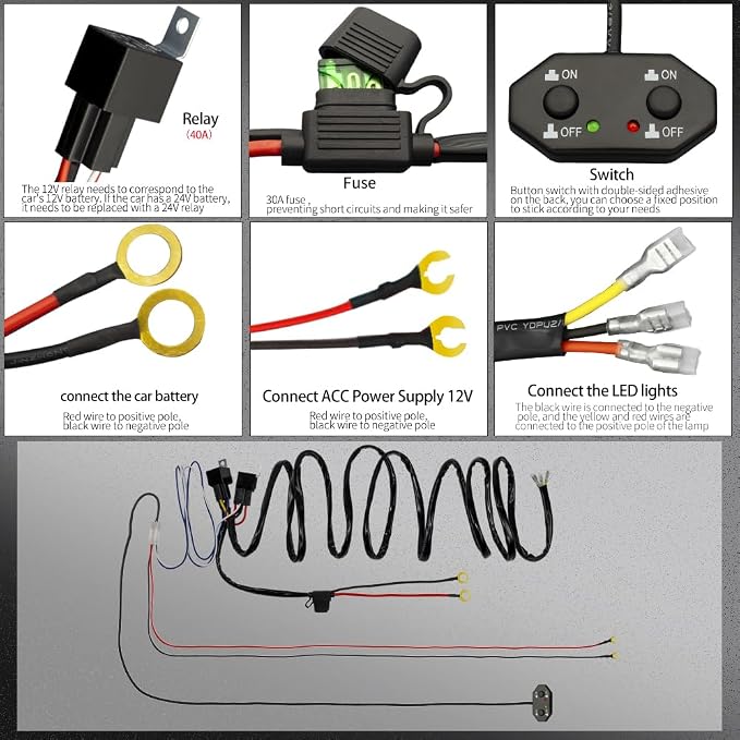 Double Color/High Low Beam Wiring Harness Kit 2 Lead DC12V 40A LED Lights Wiring Harness Switch Relay 14AWG Core Cable Harness fit for Car Fog Lights Work Driving Lights Bar