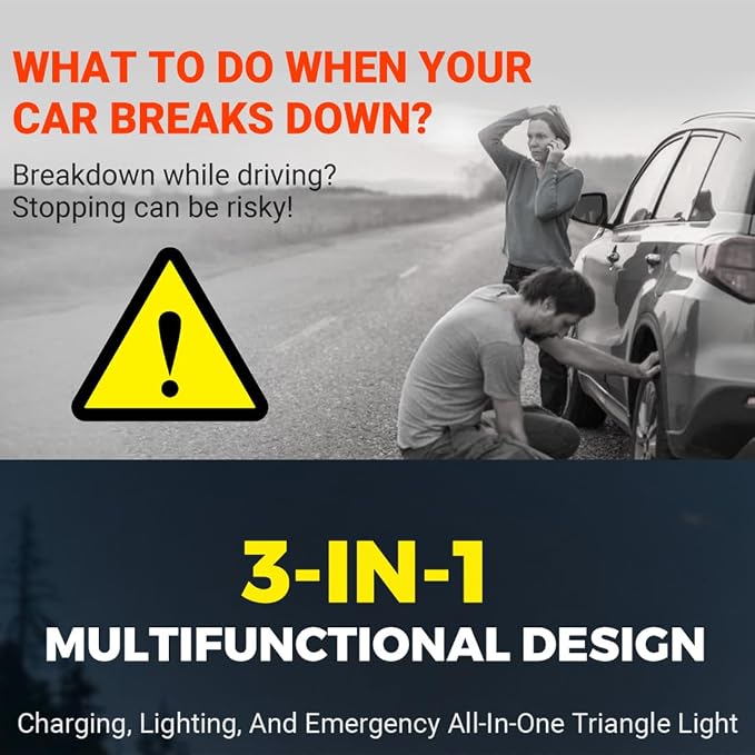 LED Emergency Triangle Warning Light, USB Rechargeable Solar Road Safety Triangles with Reflective Triangle Design, Waterproof Road Flares for Car Truck RV Breakdown Emergency (1PC)