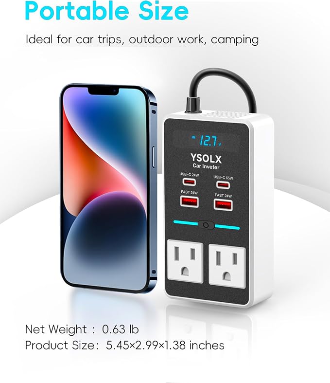 YSOLX 300W 12V to 110V Car Power Inverter | 65W USB-C,4 USB Post,Dual AC Car Plug Adapter Outlet,LED display.Suitable for Car Trips, Camping,Laptop