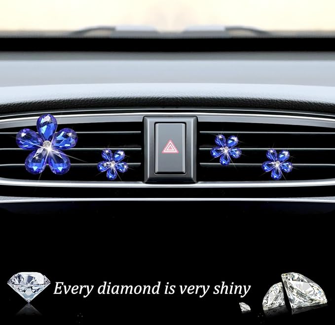 Zpana Bling Daisy Flower Car Air Vent Clips, 5PCS Sparkling Crystal Rhinestone Cute Vehicle Air Conditioning Clamp, Diamond Auto Air Outlet Clip Decor for Women Girls, Universal Fit (Dark Blue)
