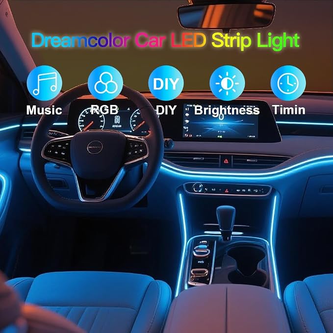 RGB 10 in 1 Interior Car LED Strip Light with Wireless APP,16 Million Interior Lights Car Dreamcolor Acrylic Ambient Lighting 600 LED Music Sync Neon Lights Kits (10 in 1 Set + App Control)