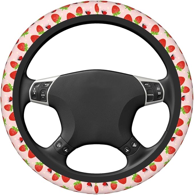Strawberry Ladybugs Elastic Steering Wheel Cover Non-Slip Breathable Steering Wheel Protector Fit Auto, SUVs, Truck