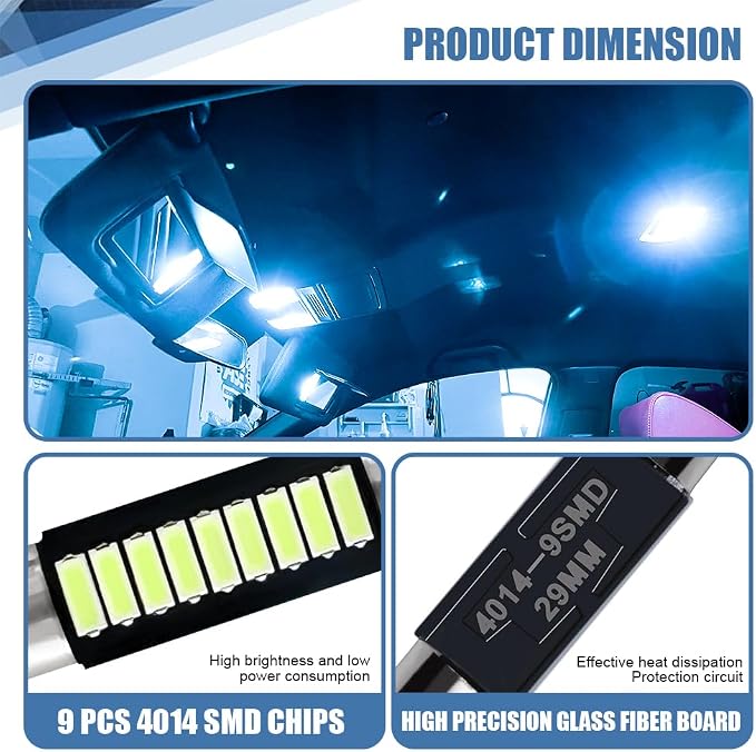 6PCS 28mm 29mm 6614F Festoon LED Car Bulb, Car Vanity Light Bulbs, Extremely Bright 9-SMD 4014 Chips LED Bulb, Car Accessories Visor Light Bulb for Vanity Mirror, Dome Light (Ice blue)