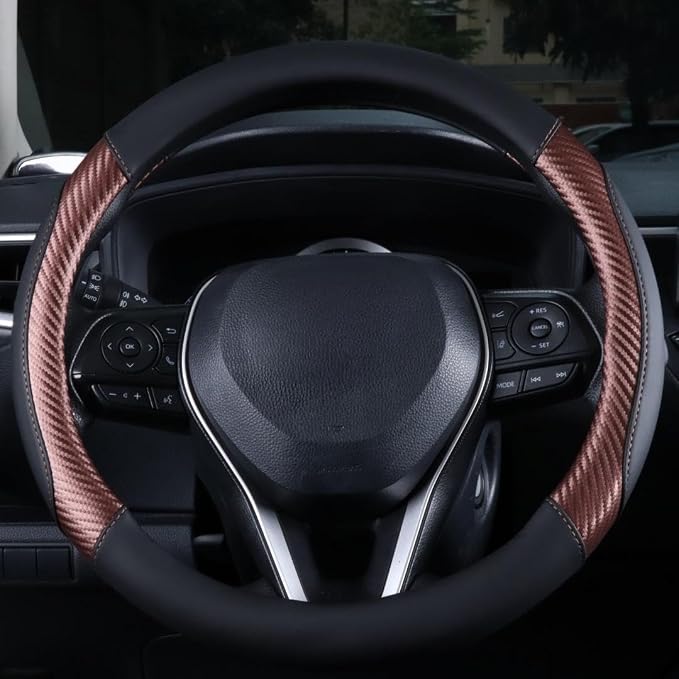 Brown Steering Wheel Cover - Carbon Fiber Texture and Premium Perforated Leather Sport Wrap with Odorless Rubber Non-Slip Inner, Universal Fit for Cars Trucks SUVS - 15 Inch (Brown)