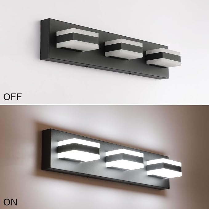 SOLFART LED Black Bathroom Vanity Light Fixtures Over Mirror 3 Lights Bath Lighting Restroom Light Modern Vanity Lights for Bathroom Bath Lights ETL Listed