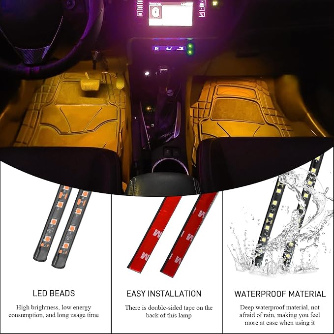 Car LED Strip Light, Car Interior Lights, 12V 24 LED Auto Under Dash Atmosphere Lights with USB Port, Auto Atmosphere Under Dash Lighting Kit for Vehicles (Orange, Cigarette Lighter)