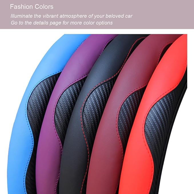 Ultra Fine Carbon Fiber Leather Steering Wheel Cover, Anti Slip and Sun Protective Protect The Steering Wheel, Easy to Install,Universal of 14.5"-15" (Red)