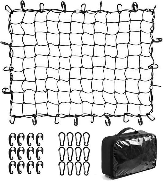 Cargo Net for Pickup Truck Bed, 5' x 7' Stretches to 10' x 14' Heavy Duty Small 4”x4” Latex Bungee Net Mesh for Road Trip, Compatible with Dodge Ram, Chevy Ford, Toyota