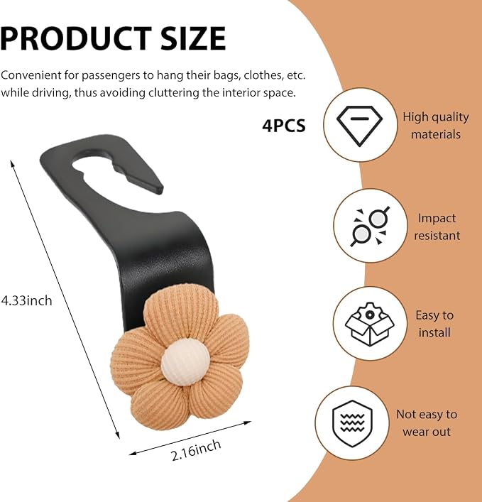 4 PCS Car Seat Headrest Hooks, Cute Flower Car Seat Back Organizer Bag Holder Hooks, Automotive Seat Hook Hanger Storage Organizer for Purse Cloth Grocery Bags, Car Accessories (Brown+Black)
