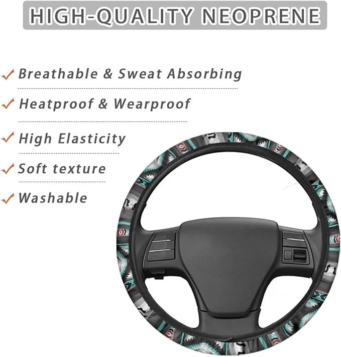 Wanyint Car Steering Wheel Cover, 15 Inch Soft Breathable Steering Wheel Protector for Women Men, Universal Fit for SUV Sedan Van Truck, Aztec Geometric Horse Gray Teal