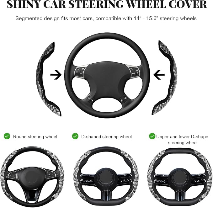 2 PCS Steering Wheel Cover, Segmented Car Wheel Covers with Crystal Rhinestones, Non-Slip Protector Bling Sparkly Decoration for Most Steering Wheels, Car Accessories (White)