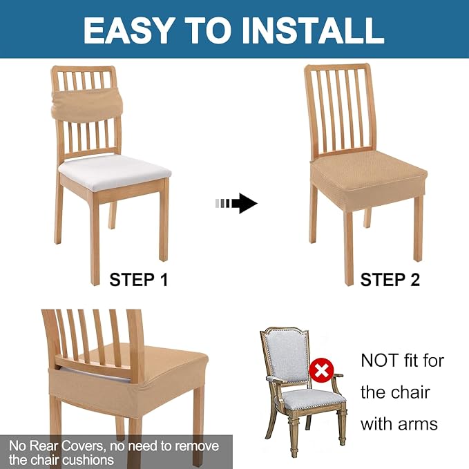 Smiry Waterproof Seat Covers for Dining Room Chairs Set of 4, Stretch Jacquard Removable Washable Chair Seat Slipcovers Protector, No Rear Covers, Camel