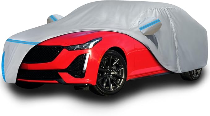Car Cover for 2019-2026 Cadillac CT5/CT5-V Sedan, Waterproof Custom-fit Sun Rain UV Dust Snow All Weather Protection Windproof Outdoor Full Car Cover with Door Zipper and Cotton Lining-Gray