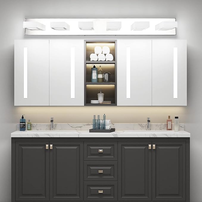 Ralbay LED Modern Chrome Vanity Lights 6 Lights Stainless Steel Acrylic Modern LED Bathroom Vanity Lights Over Mirror (4500K Neutral White Light)