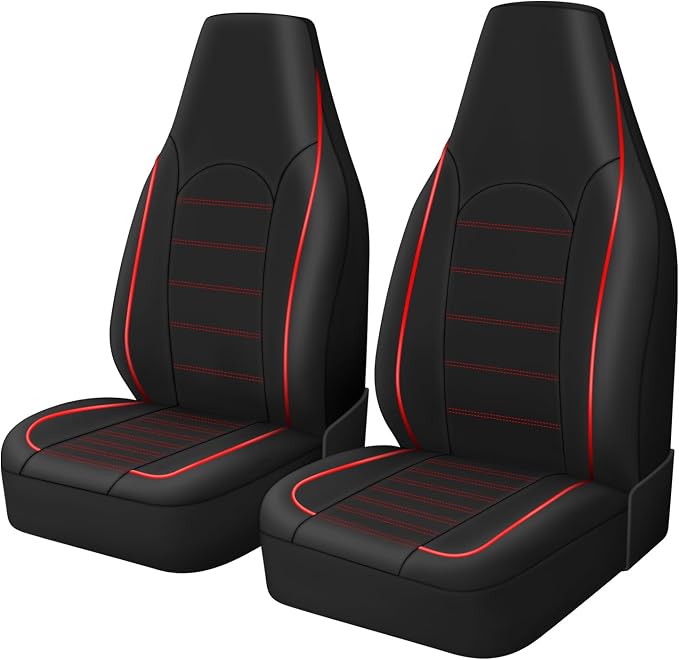 TOYOUN Classic Universal PU Leather Car Front Seat Covers High Back Bucket Seat Cover - Fit Most Cars, Trucks, SUVS, Vans 2 PCS Red Trim Auto Seat Covers Set for All Seasons