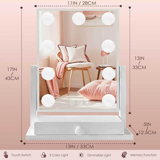 COLMERD Vanity Mirror with Lights with Drawer, Type-C and USB Charging Port, Hollywood Makeup Mirror with 9 LED Bulbs, 3 Colors Dimmable, Touch Control, Detachable 5X Magnification, Gifts for Women
