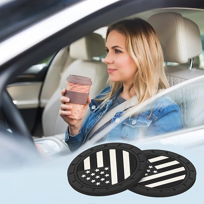 AUCELI 2 Pack Car Cup Holder Coasters, Colored American Flag US Flag Insert Car Cup Coaster, 2.75 Inch Anti Slip Shockproof Embedded Drink Mat, Vehicle Interior Decor Accessories