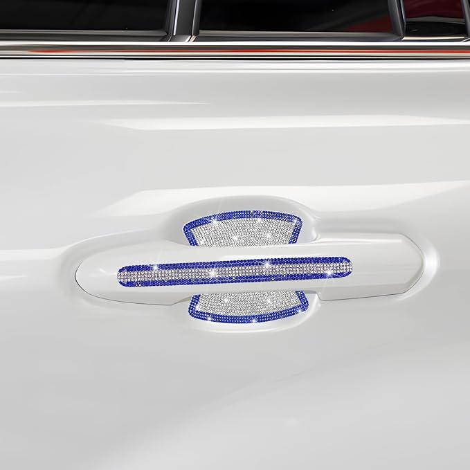 8PCS Bling Car Door Handle Protector, Crystal Rhinestone Anti-Scratch Vehicle Door Handle Bowl Stickers, Glitter Automotive Exterior Decal Accessories, Universal for Vehicles (Blue/White)