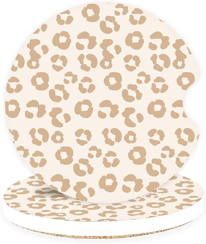 Ceramic Car Coasters – Absorbent Car Cup Holder Coaster Set for Women, Cute Aesthetic Car Accessories for Girls, 2 Pack (Tan)