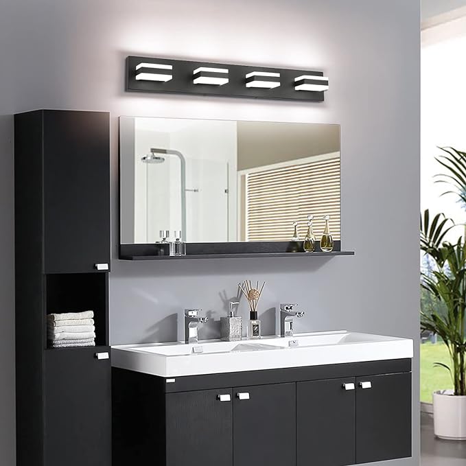SOLFART Black Bathroom Light Fixtures 4 Lights Bathroom Vanity Light LED Dimmable Matt Black Vanity Lights 32W Cool White 6000K & 0%-100% Brightness Dimmable ETL Listed