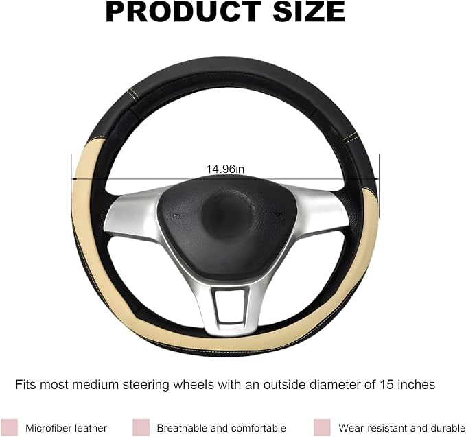 Leather Steering Wheel Cover, Anti-Slip Full Surround Car Wheel Protector with Comfortable Grip, Universal Elastic Decorative Cover Fit for 14 1/2-15 Inch Steering Wheels (Beige)
