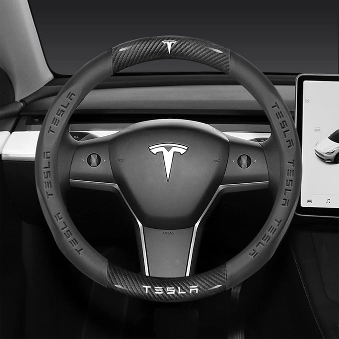 fir for Tesla Steering Wheel Cover,Carbon Fiber Texture Nappa Leather,Custom Embossed Logo,Round Shape, Car Steering Wheel Protector Compatible with Tesla Model 3 Model y Accessories