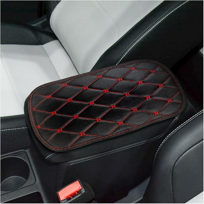 Auto Center Console Pad, PU Leather Car Center Console Box Cushion, Non Slip Soft Armrest Seat Box Cover, Waterproof Vehicle Armrest Protector for SUV, Truck, Car (Rhombic Lattice Black/Red)
