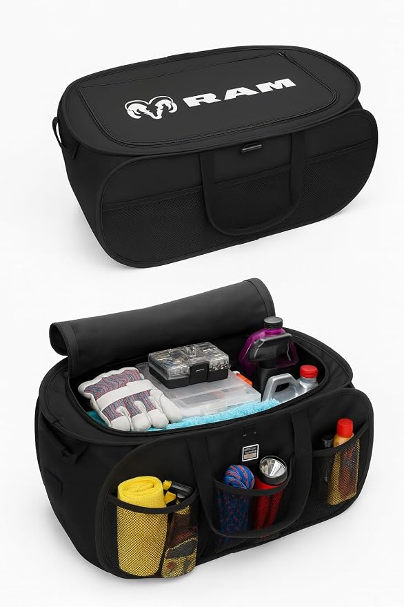 SR1 Performance USA RAM Pop Up Truck Bed & Back Seat Storage Organizer - Expandable Collapsible Cargo Caddy for Dodge RAM 1500, 2500, 3500 & TRX - Black with Logo