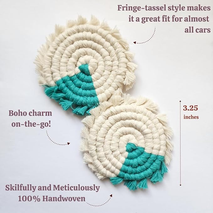 Cotton Car Coasters for Cup Holders, 2PC Car Cup Coasters, Drink Coaster Holder, Cute cupholder Coaster Accessories for Women, Macrame, Boho (Ocean Breeze)