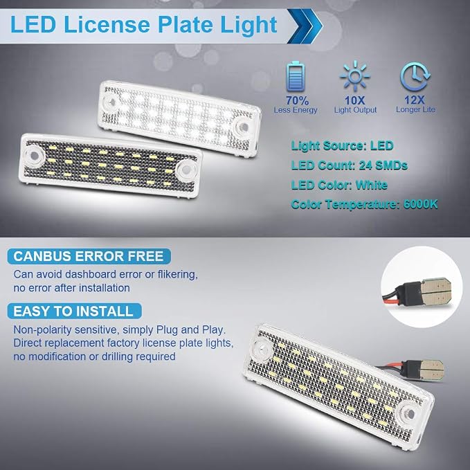 LED License Plate Light Lamp Assembly Compatible with 1996-2024 4Runner 2008-2022 Sequoia 6000K White, Pack of 2