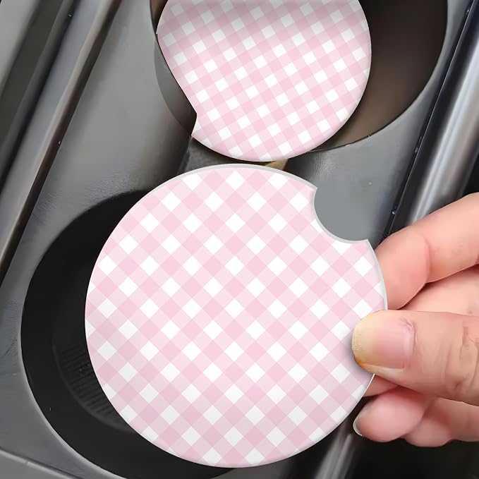 Pink Checkered Car Coasters for Cup Holder Absorbent Ceramic Cup Coaster 2 Pack Anti Slip Car Interior Accessories with Finger Notch Cork Base for Women Men 2.56"