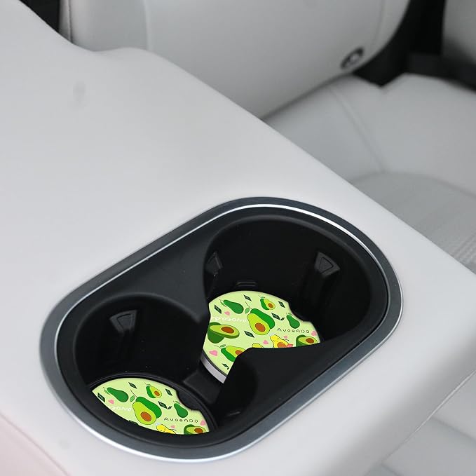 Cute Avocado Car Coasters: Pack of 2, Absorbent Ceramic Drink Cup Holder Coasters with Finger Notch for Easy Removal