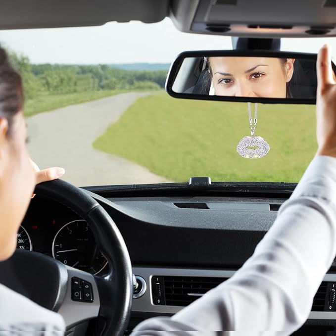 Bittwee Bling Lip Diamond Car Hanging, Crystal Rinestones Auto Rear View Mirror Charms Ornament, Lucky Vehicle Interior Pendant Decoration Accessories, Universal for SUV Sedan Truck(White)